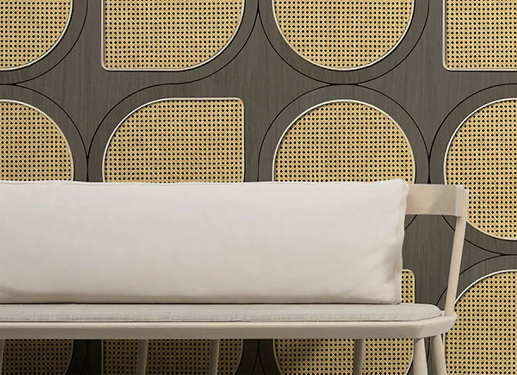 rattan weave wallpaper with a sofa
